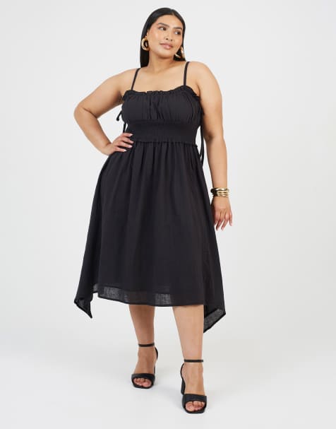 Brave Soul Curve strappy shirred hankerchief hem midi dress in black - view 1