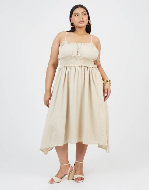 Brave Soul Curve strappy shirred hankerchief hem midi dress in light stone - view 1