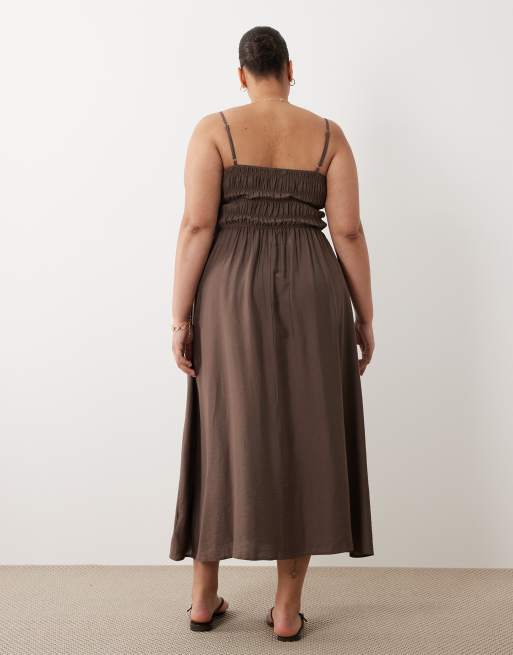 Brave Soul Curve strappy shirred sundress in brown, 2 of 4