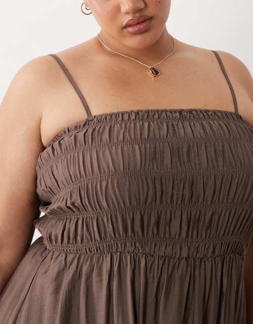 Brave Soul Curve strappy shirred sundress in brown, 4 of 4