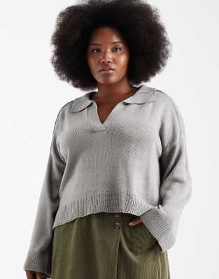 Brave Soul Curve - Strickpullover in Grau mit Polo-Ausschnitt und weiten Ärmeln
