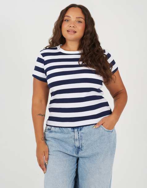 Brave Soul Curve stripe crew neck t-shirt in navy