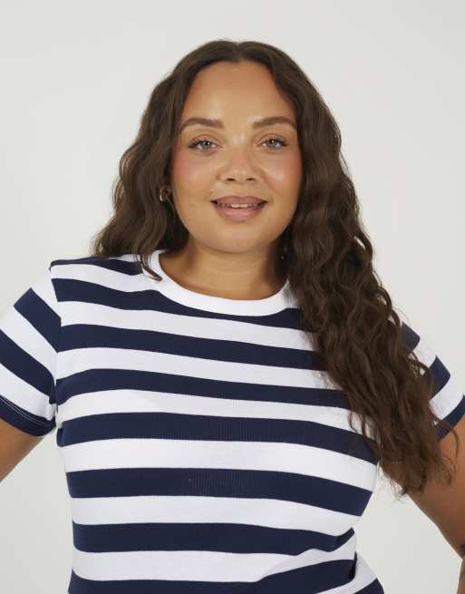 Brave Soul Curve stripe crew neck t-shirt in navy, 4 of 4