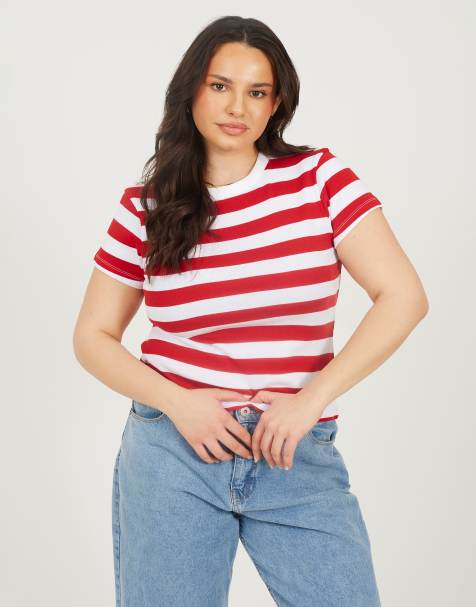Brave Soul Curve stripe crew neck t-shirt in red