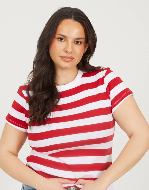 Brave Soul Curve stripe crew neck t-shirt in red, 4 of 4