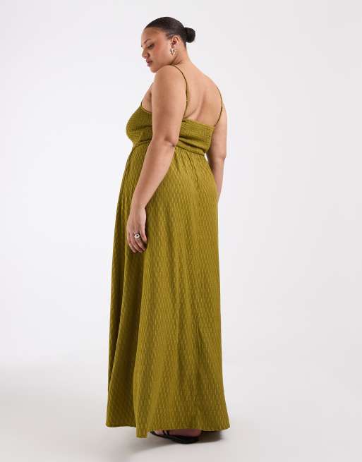 Brave Soul Curve – Strukturiertes Jersey-Kleid in Oliv mit gesmoktem Oberteil, 4 von 4