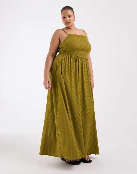Brave Soul Curve textured jersey dress with shirred bodice in olive - view 1