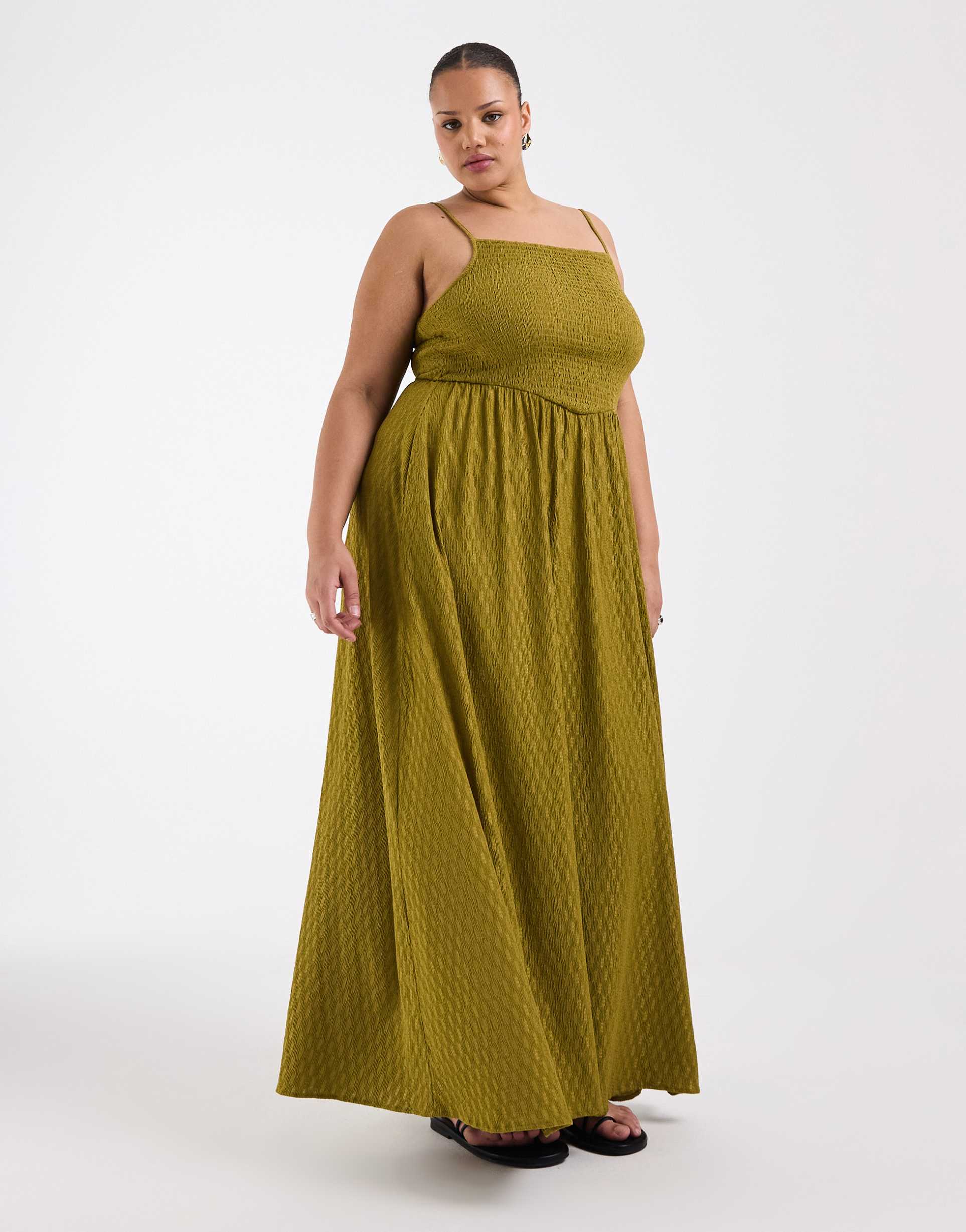 brave soul curve textured jersey dress with shirred bodice in olive