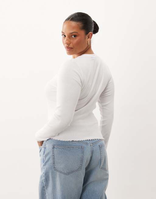 Brave Soul Curve top a maniche lunghe a coste con orlo smerlato bianco, 3 di 4