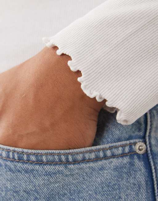 Brave Soul Curve top a maniche lunghe a coste con orlo smerlato bianco, 4 di 4