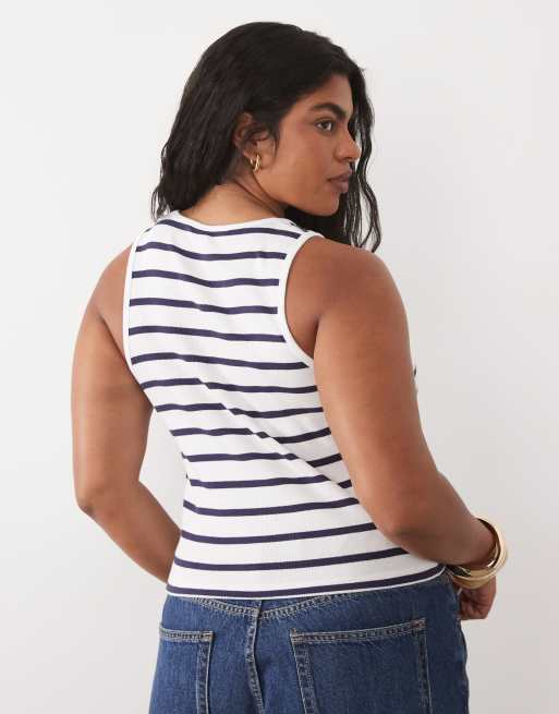 Brave Soul Curve Top mit U-Ausschnitt in Weiß und Marineblau gestreift, 4 von 4