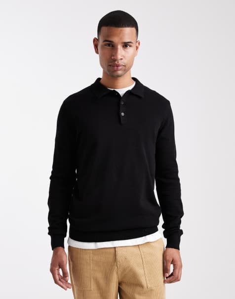 Brave Soul placket long sleeve polo top in black