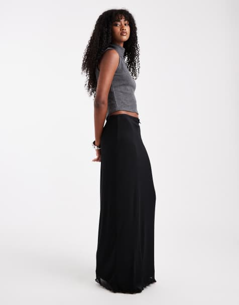 Brave Soul mesh maxi skirt with lettuce hem and bow detail in black