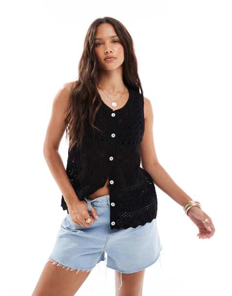 Brave Soul open knit crochet waistcoat with pocket detail in black