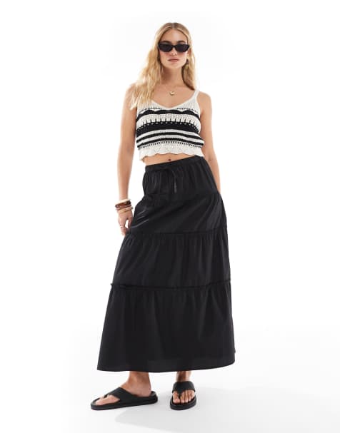 Brave Soul tiered midi skirt in black