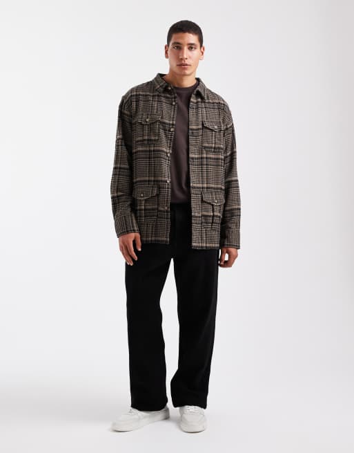 Brave Soul – Czarno-brązowa kurtka koszulowa w kratę z długim