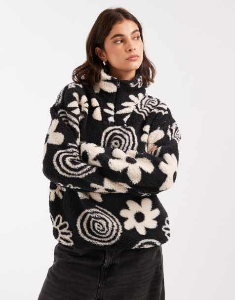 Brave Soul flower print 3/4 zip fleece in black and cream