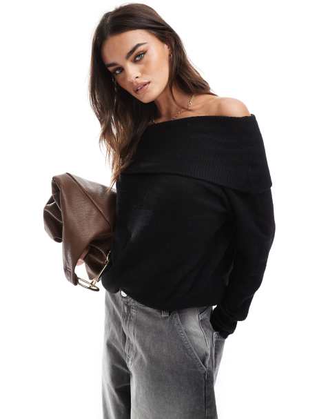 Brave Soul – Czarny dzianinowy sweter z dekoltem bardot - view 1