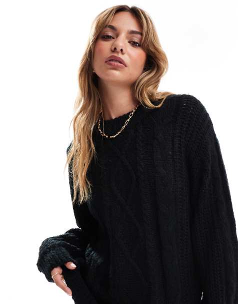 Brave Soul – Czarny sweter oversize z dzianiny o warkoczowym splocie - view 1