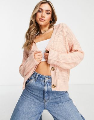 Brave Soul daisy button down boxy cardigan in pink