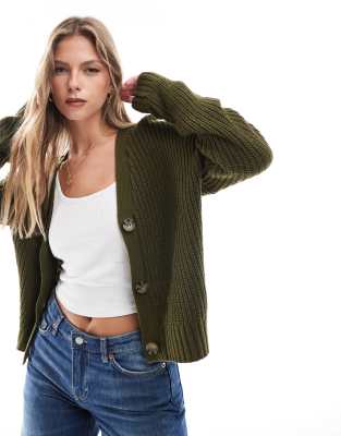 Brave Soul - Daisy - Fischerrippen-Strickjacke in Khaki-Grün