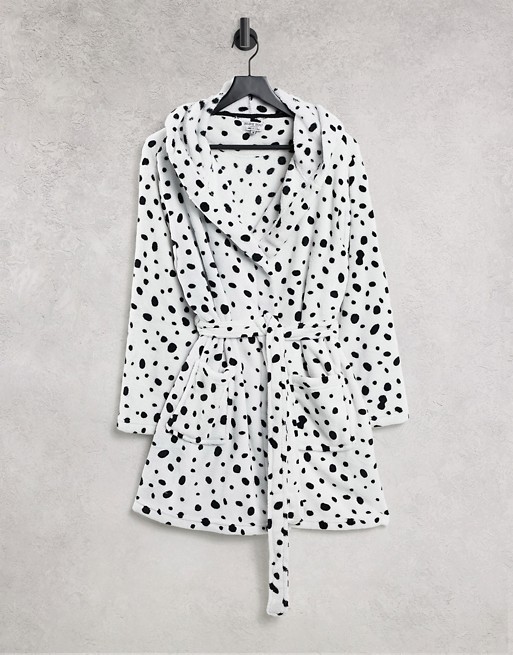 Brave Soul dalmation fleece dressing gown in black and white
