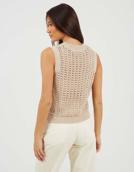 Brave Soul - Débardeur ras de cou en maille ajourée - Beige, 2 de 4