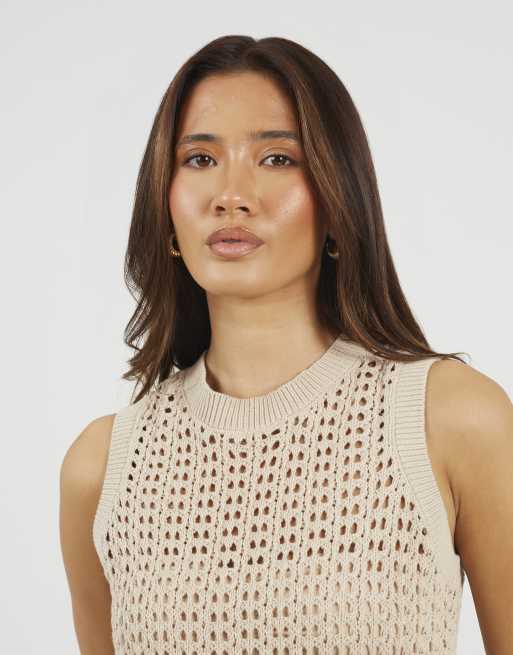 Brave Soul - Débardeur ras de cou en maille ajourée - Beige, 4 de 4