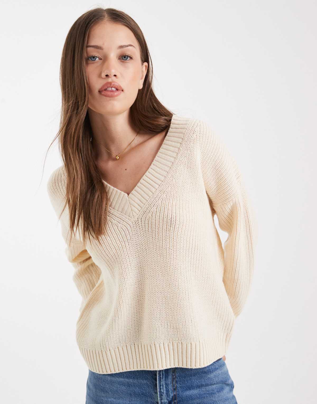 Brave Soul deep v neck fisherman knit jumper in oatmeal