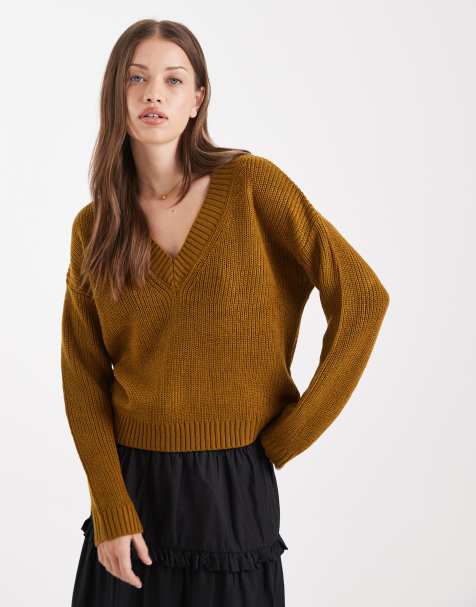 Brave Soul deep v neck fisherman knit jumper in olive green - view 1