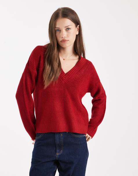 Brave Soul deep v neck fisherman knit jumper in red