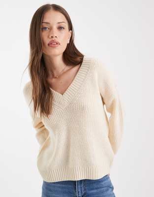 Brave Soul Deep V Neck Fisherman Knit Sweater In Neutral