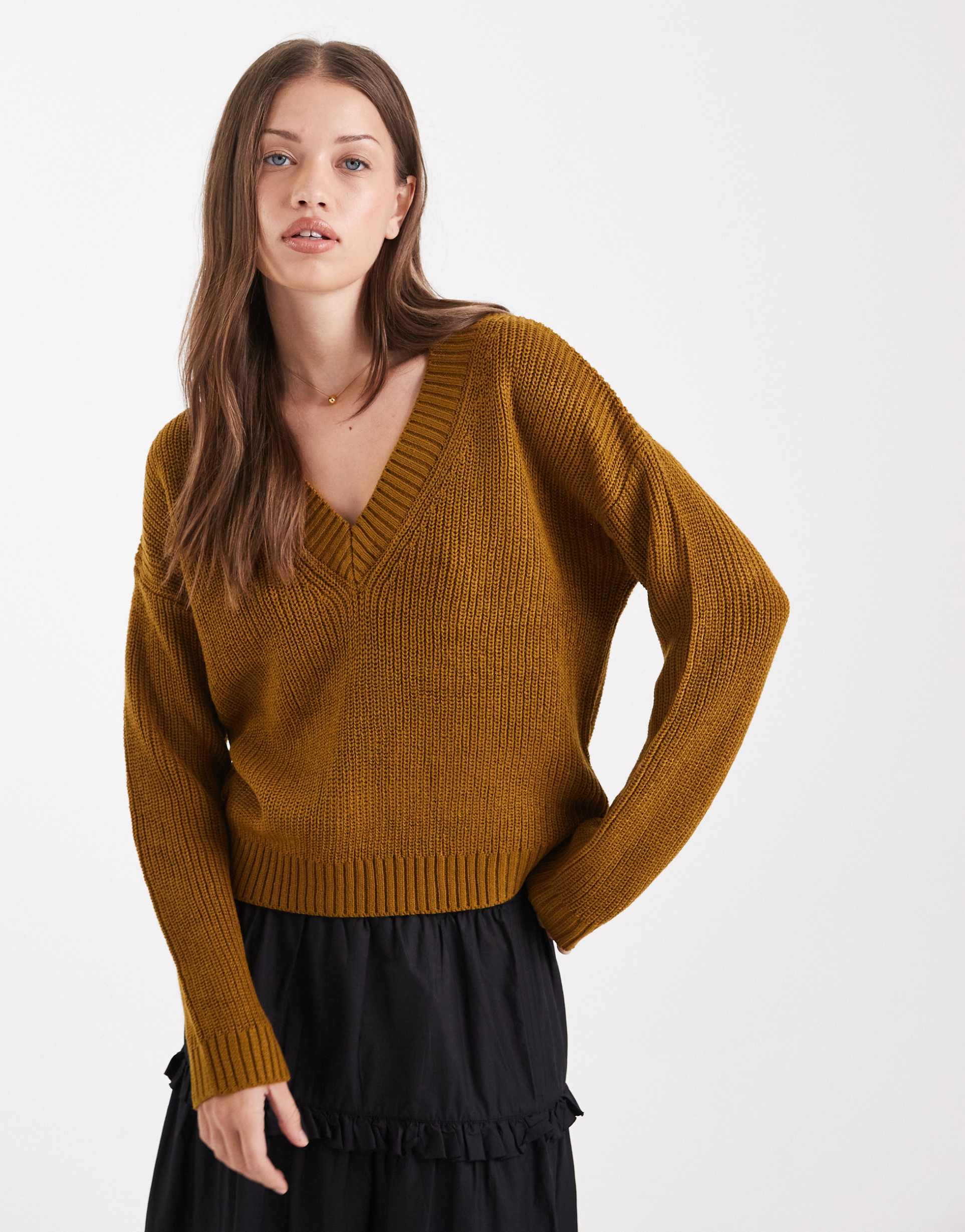 brave soul deep v neck fisherman knit sweater in olive green