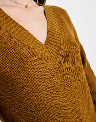Brave Soul Deep V Neck Fisherman Knit Sweater In Brown