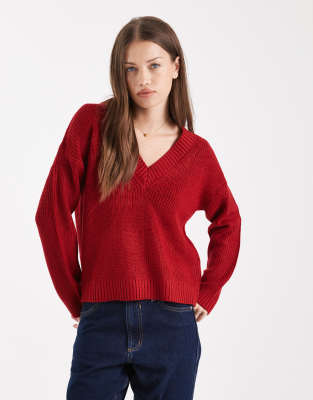 Brave Soul Deep V Neck Fisherman Knit Sweater In Red