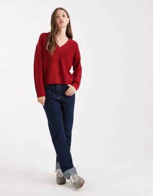 Brave Soul Deep V Neck Fisherman Knit Sweater In Red