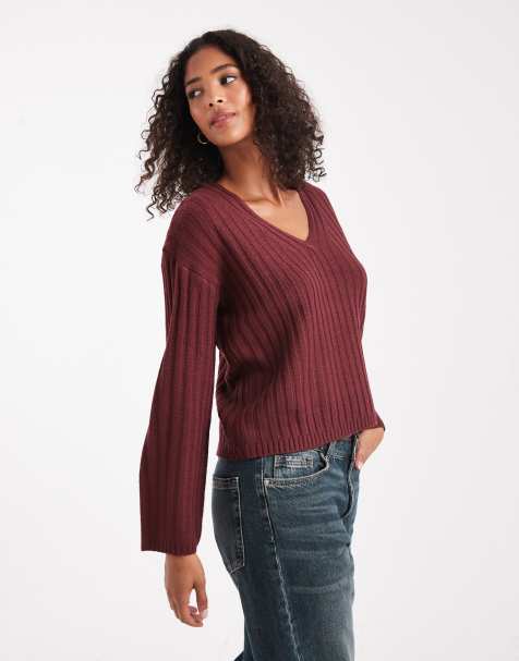 Brave Soul deep v neck ribbed sweater in wine - view 1