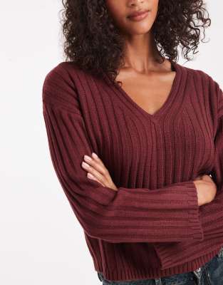 Brave Soul Deep V Neck Ribbed Sweater In Red