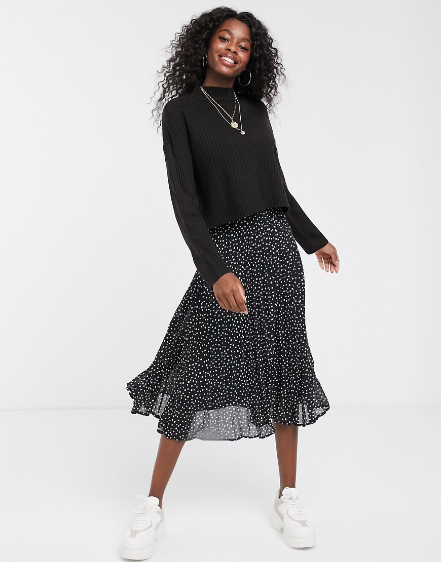Brave Soul deli pleated midi skirt in spot-Black