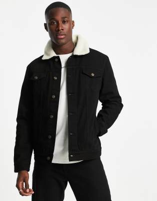 Brave Soul Brave Soul denim jacket with detachable borg collar in black