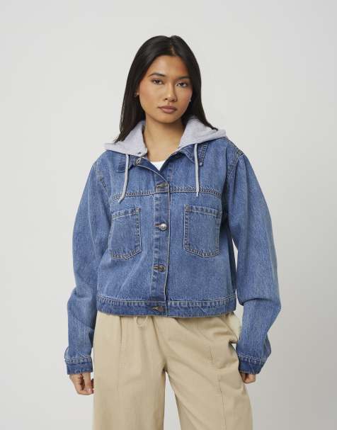 Brave Soul Denim jacket with detachable jersey hood in light blue - view 1