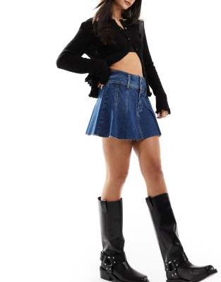 Brave Soul Denim Mini Skirt With Pleat Detail-blue In Blue