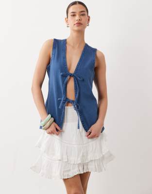 Brave Soul Denim Tie Front Waistcoat-blue