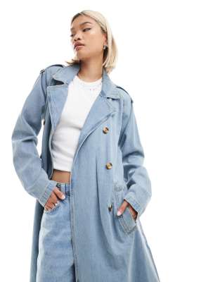 denim trench coat in blue bleach wash