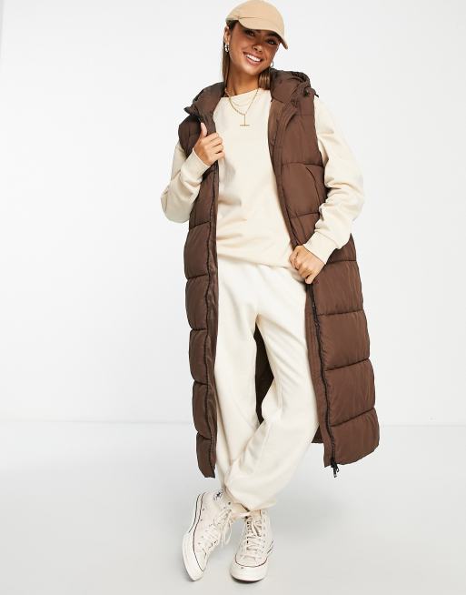 Brave Soul Denmark maxi padded vest in chocolate brown