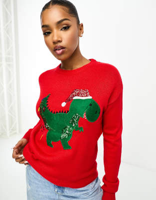 Brave Soul dinosaur christmas jumper in red