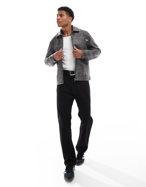 Brave Soul distressed faux leather full zip jacket in black - view 1