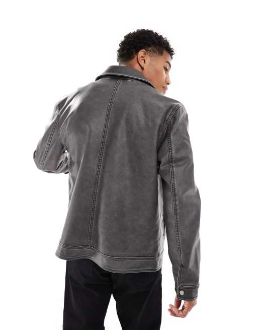 Brave Soul distressed faux leather full zip jacket in black ASOS