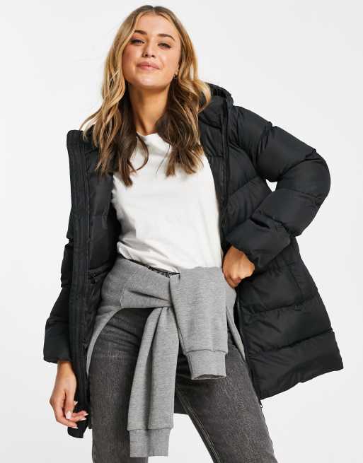 brave soul dominica hooded mid length puffer jacket in black