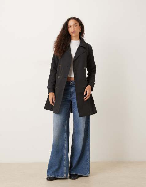 Brave Soul Double breasted belted trench coat in black - view 1